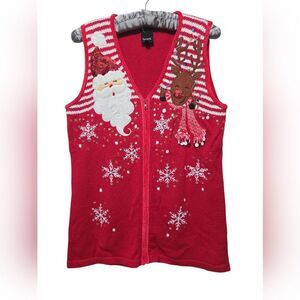 Festive Red Holiday Christmas Sweater Vest Santa Rudolph Snowflakes SIze Medium